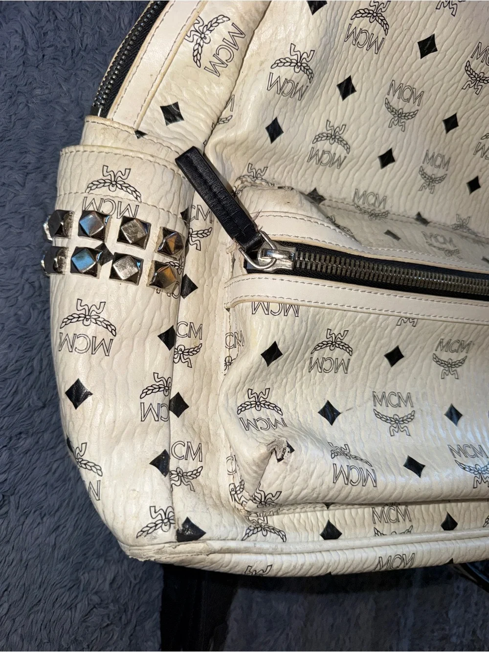 USED MCM Black & White Studded Backpack.